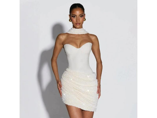 Mini Φόρεμα Corset Με Παγιέτα Και Scarf White
