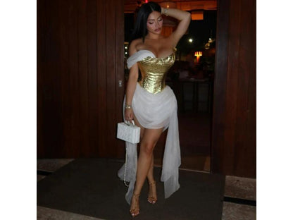 Mini Φόρεμα Με Χρυσό Corset Και Draped Φούστα