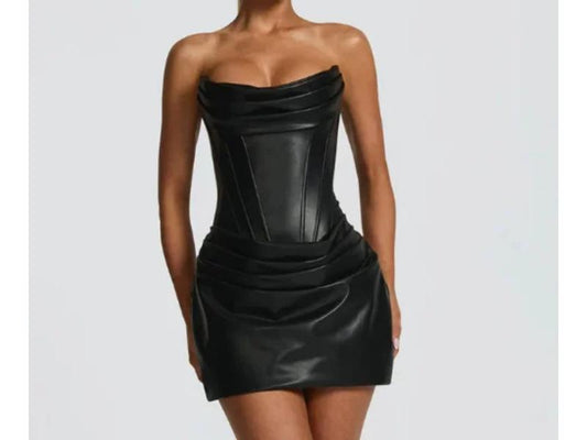 Mini Φόρεμα Strapless Με Leather Corset Black