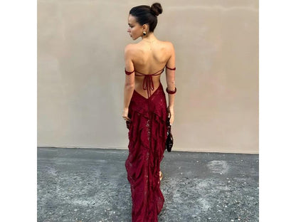 Maxi Δαντελωτό Φόρεμα Με Ασύμμετρο Σχέδιο Burgundy