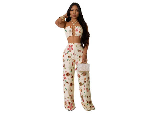 Σετ Παντελόνα Με Halter Τοπ Cream Floral