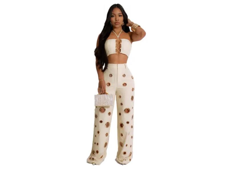 Σετ Παντελόνα Με Halter Τοπ Beige