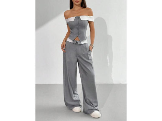 Σετ Παντελόνα Με Off Shoulder Τοπ Grey