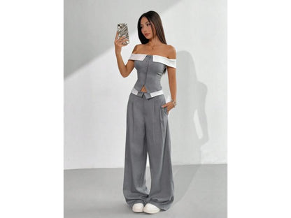 Σετ Παντελόνα Με Off Shoulder Τοπ Grey