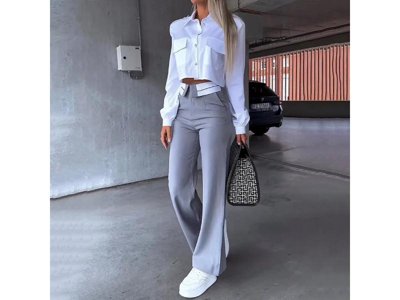 Σετ Πουκάμισο Cropped Και Παντελόνα Καμπάνα Grey