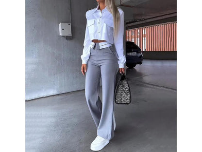 Σετ Πουκάμισο Cropped Και Παντελόνα Καμπάνα Grey