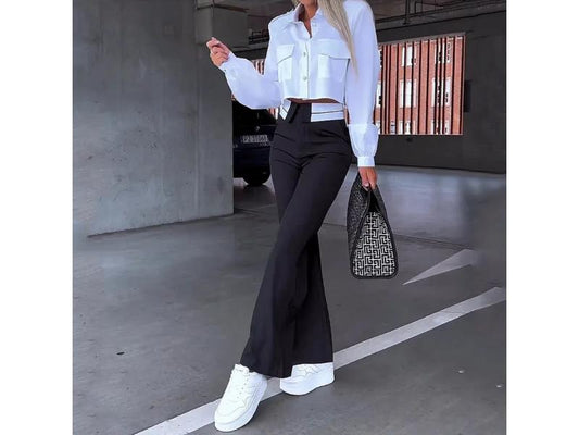 Σετ Πουκάμισο Cropped Και Παντελόνα Καμπάνα Black