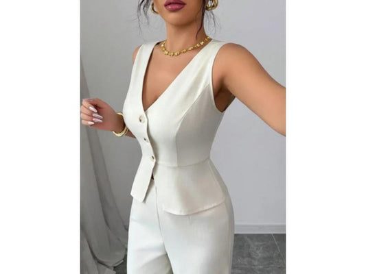 Σετ Γιλέκο Με Παντελόνα Wide Leg Cream