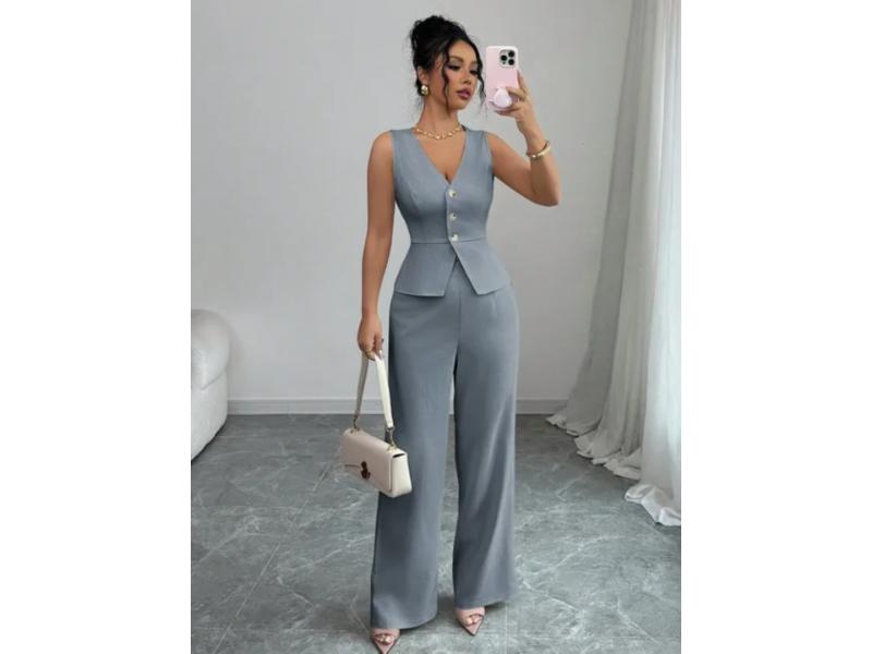 Σετ Γιλέκο Με Παντελόνα Wide Leg Grey