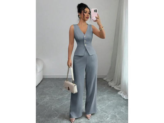 Σετ Γιλέκο Με Παντελόνα Wide Leg Grey