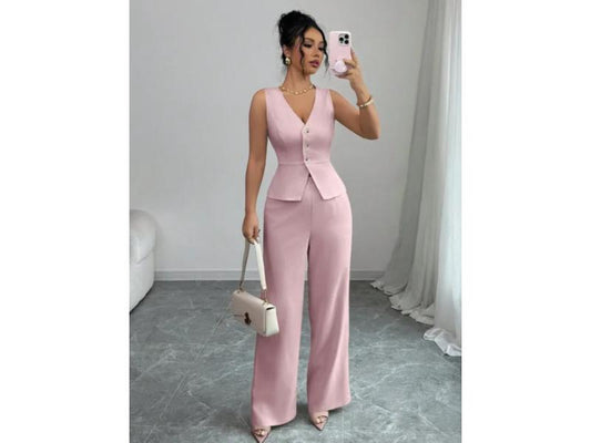 Σετ Γιλέκο Με Παντελόνα Wide Leg Pink