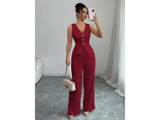 Σετ Γιλέκο Με Παντελόνα Wide Leg Red