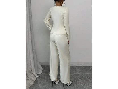 Σετ Μακρυμάνικο Σακάκι Με Παντελόνα Wide Leg Cream