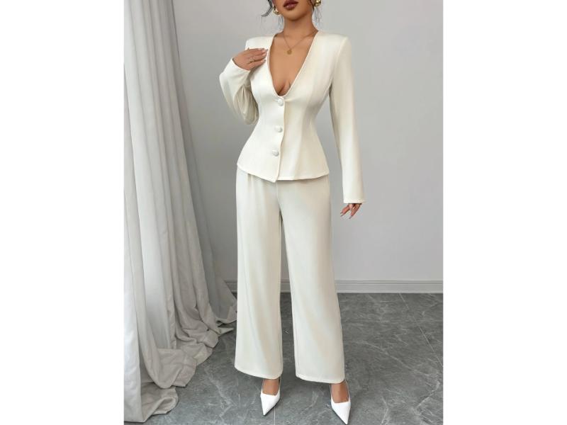 Σετ Μακρυμάνικο Σακάκι Με Παντελόνα Wide Leg Cream