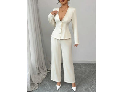 Σετ Μακρυμάνικο Σακάκι Με Παντελόνα Wide Leg Cream