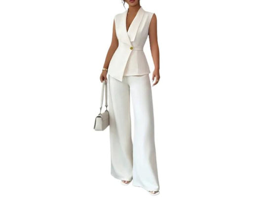 Σετ Αμάνικο Σακάκι Με Παντελόνα Wide Leg Cream
