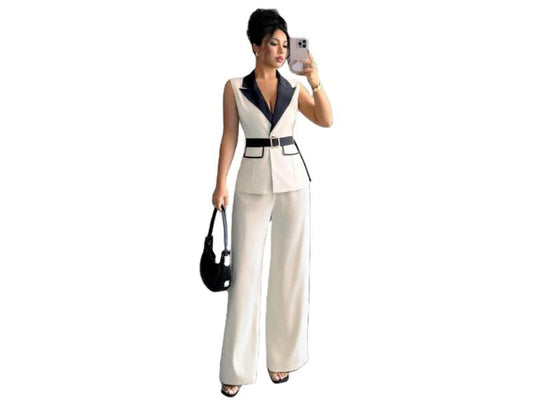 Σετ Αμάνικο Γιλέκο Με Ζώνη Και Παντελόνα Wide Leg Cream Black