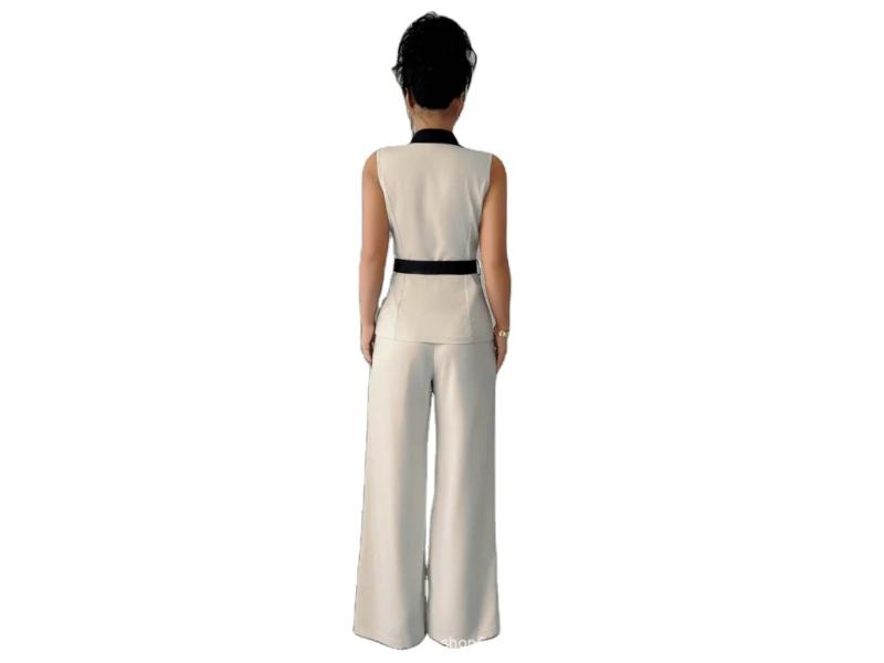 Σετ Αμάνικο Γιλέκο Με Ζώνη Και Παντελόνα Wide Leg Cream Black