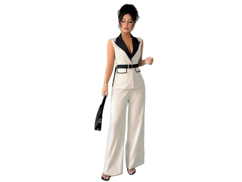Σετ Αμάνικο Γιλέκο Με Ζώνη Και Παντελόνα Wide Leg Cream Black