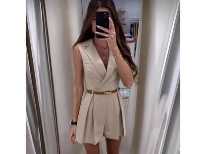 Ολόσωμο Σορτς Αμάνικο Blazer Με Ζώνη Beige