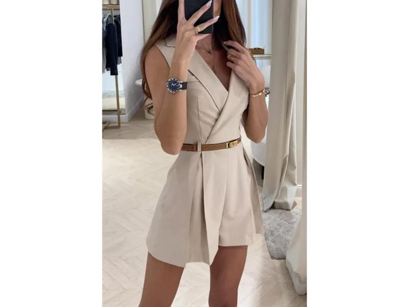 Ολόσωμο Σορτς Αμάνικο Blazer Με Ζώνη Beige