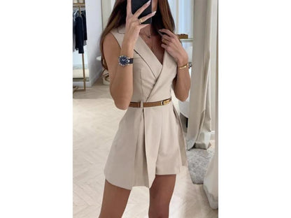 Ολόσωμο Σορτς Αμάνικο Blazer Με Ζώνη Beige