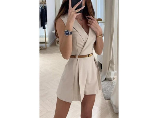 Ολόσωμο Σορτς Αμάνικο Blazer Με Ζώνη Beige