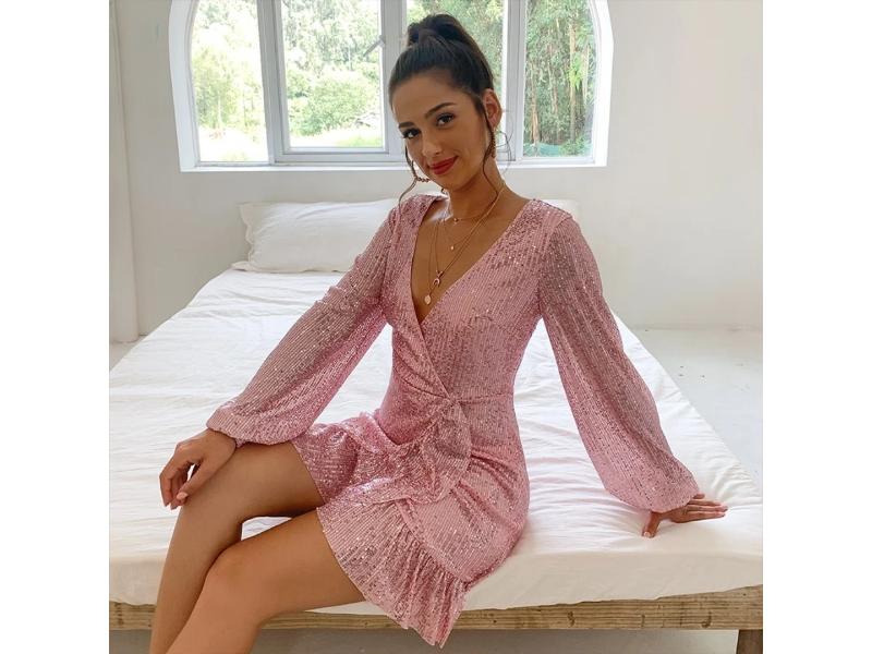 Mini Φόρεμα Wrap με Glitter και Βολάν