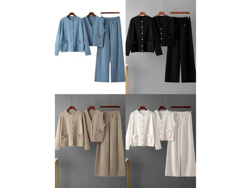 Σετ Πλεκτό Ζακέτα Τοπ & Παντελόνι με Κουμπιά