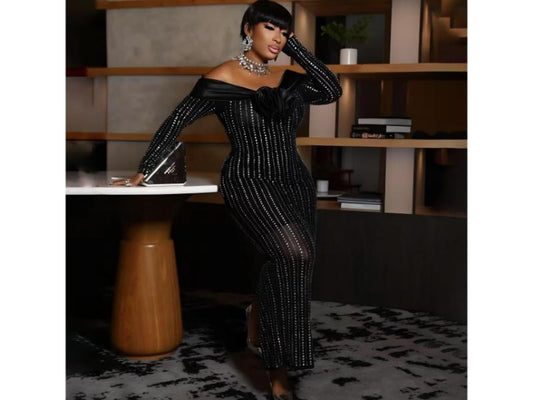 Maxi Μαύρο Φόρεμα Off Shoulder με Strass