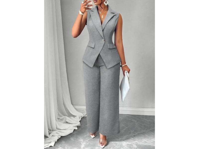 Σετ Αμάνικο Blazer Με Κουμπί Και Παντελόνα Light Grey