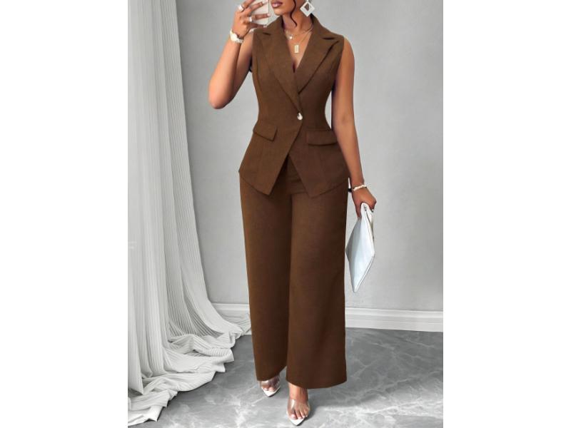 Σετ Αμάνικο Blazer Με Κουμπί Και Παντελόνα Brown