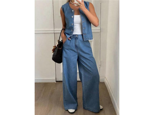 Σετ Denim Αμάνικο Γιλέκο Με Wide Leg Παντελόνα Light Denim