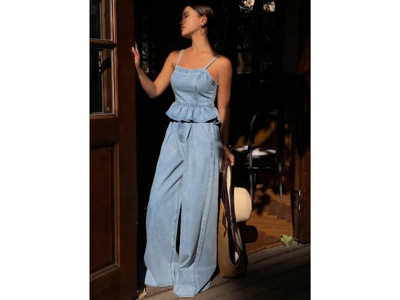 Σετ Denim Top Με Τιράντες Και Wide Leg Παντελόνα Light Denim