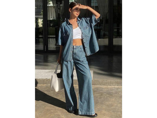 Σετ Denim Πουκάμισο Με Wide Leg Παντελόνα Light Denim