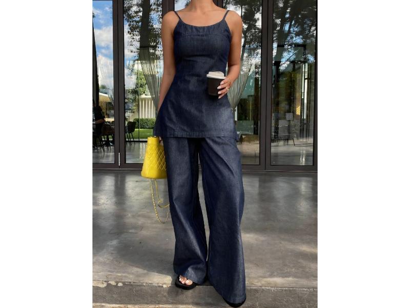 Σετ Denim Top Με Τιράντες Και Wide Leg Παντελόνα Dark Denim