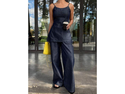Σετ Denim Top Με Τιράντες Και Wide Leg Παντελόνα Dark Denim