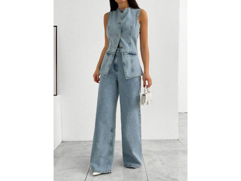 Σετ Denim Tailored Γιλέκο Και Wide Leg Παντελόνα Light Denim