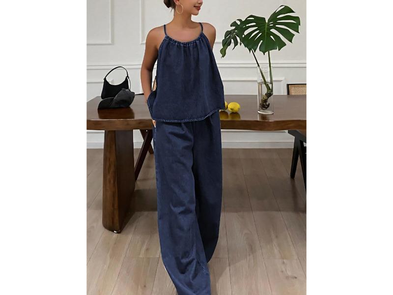 Σετ Denim Halter Top Με Wide Leg Παντελόνα Dark Denim