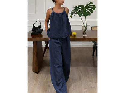 Σετ Denim Halter Top Με Wide Leg Παντελόνα Dark Denim