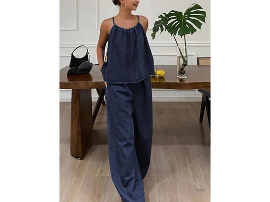 Σετ Denim Halter Top Με Wide Leg Παντελόνα Dark Denim