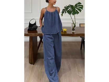 Σετ Denim Halter Top Με Wide Leg Παντελόνα Dark Denim