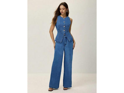 Σετ Denim Γιλέκο Με Κουμπιά Και Wide Leg Παντελόνα Blue Denim