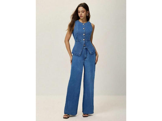 Σετ Denim Γιλέκο Με Κουμπιά Και Wide Leg Παντελόνα Blue Denim