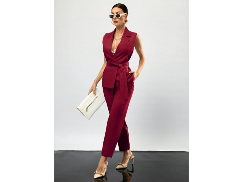 Σετ Αμάνικο Σακάκι Με Ζώνη Και Παντελόνι Burgundy