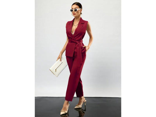 Σετ Αμάνικο Σακάκι Με Ζώνη Και Παντελόνι Burgundy
