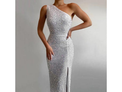 Maxi Φόρεμα One Shoulder Με Παγιέτες Και Σκίσιμο
