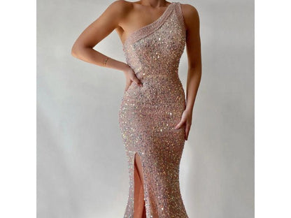 Maxi Φόρεμα One Shoulder Με Παγιέτες Και Σκίσιμο
