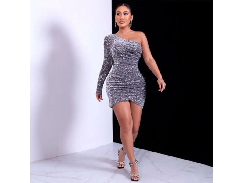 Mini Φόρεμα One Shoulder Με Glitter Και Draped Σχέδιο