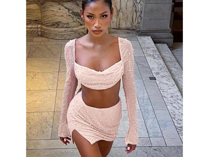 Σετ Crop Top Και Mini Φούστα Με Πέρλες